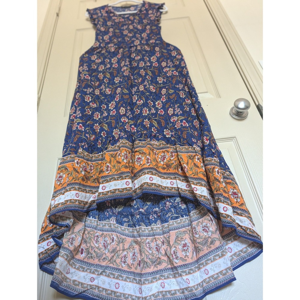 Blue Floral High Low Maxi Dress Smocked Waist Boho Ruffle Small - Picture 5 of 7